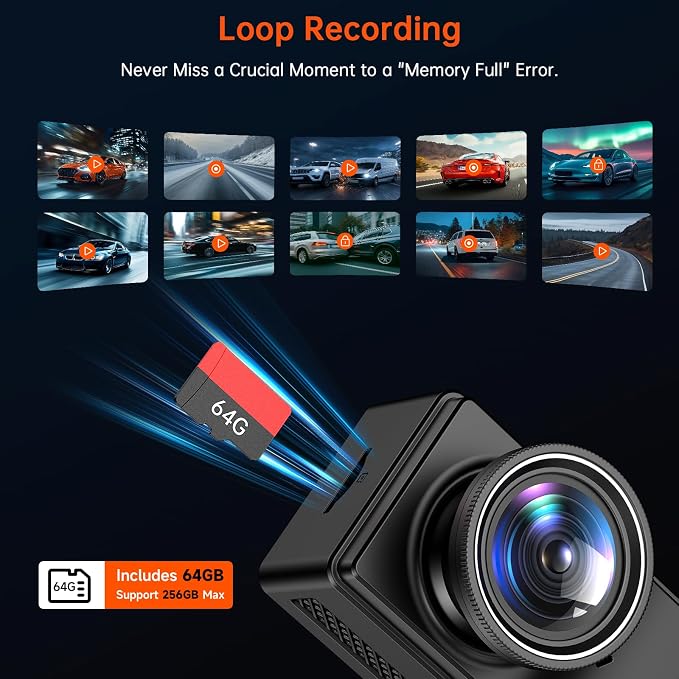 Dash Cam Front and Rear, 4K+4K Dash Camera for Cars, Daul Car Camera with 64GB Card, Dashcam with 3" IPS Display, Loop Recording, Night Vision, 24H Parking Mode
