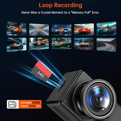 Dash Cam Front and Rear, 4K+4K Dash Camera for Cars, Daul Car Camera with 64GB Card, Dashcam with 3" IPS Display, Loop Recording, Night Vision, 24H Parking Mode