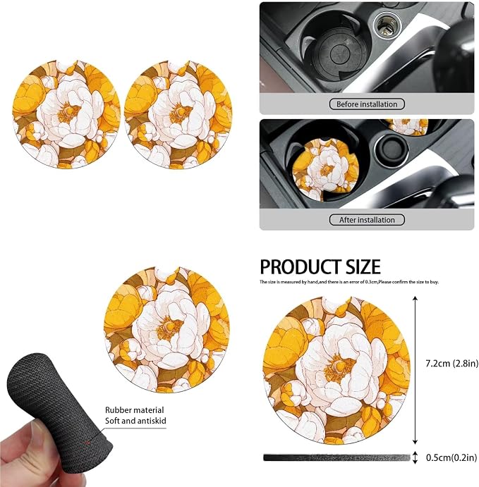 Peony Universal Car Seat Covers 13 Set, Yellow White Floral Contrast Color Car Accessories for Front Rear Seat Cover, Oil Painting Steering Wheel Cover Seat Belt Pads