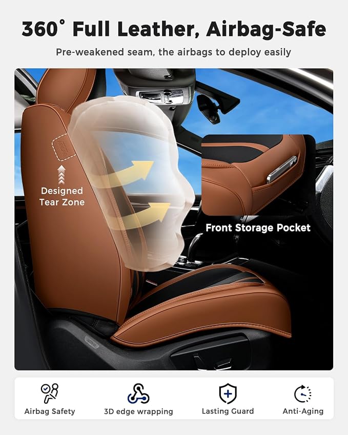 Huidasource Seat Covers Luxury Nappa Leather, Car Seat Covers Full Set with Velcro Adjustable, Airbag, Lumbar Support, Cooling＆Heating, Brown Car Seat Cover Fit for Most Cars SUV Trucks, Brown＆Black