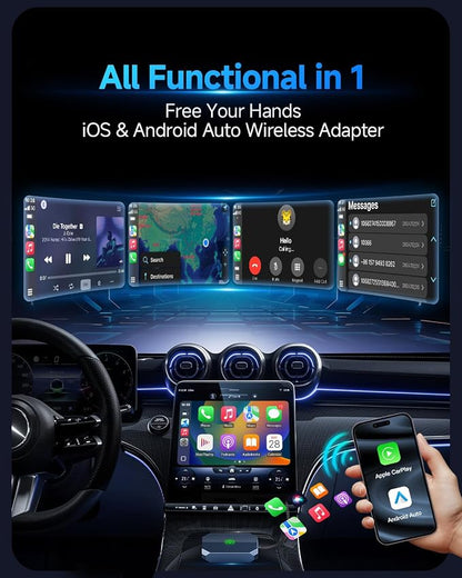 2 in 1 Wireless Carplay Adapter for iPhone Apple & Android Auto Wireless Adapter, [0 Delay & Stable Transmission] 5.8GHz Dual-Core Smart Chip Plug & Play Phone for iOS 10+/Android 11+ 2025 Blue