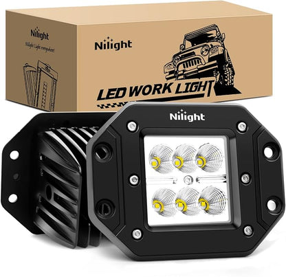 Nilight - NI23C-18W 2PCS 18W Flood LED Work Light Driving Lights Led Light Bar Off Road Led Lights Flush Mount for Jeep Truck Tacoma Bumper ATV UTV