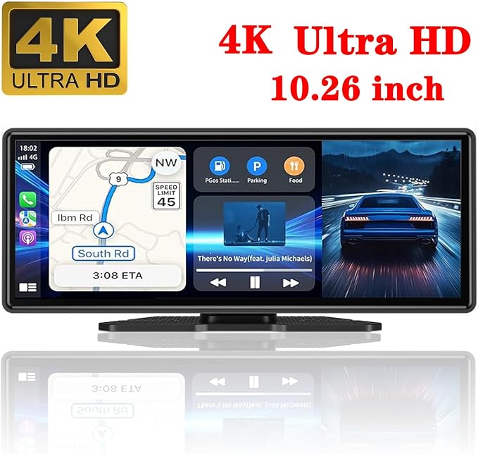 10.26" HD Carplay Screen for Car Stereo, 4K Dash Cam Wireless Portable Touch Screen Car Play with Apple Carplay & Android Auto with 1080P Back Up Camera, Bluetooth, Mirror Link, GPS, AUX+64GB