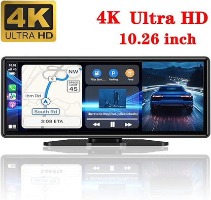 10.26" HD Carplay Screen for Car Stereo, 4K Dash Cam Wireless Portable Touch Screen Car Play with Apple Carplay & Android Auto with 1080P Back Up Camera, Bluetooth, Mirror Link, GPS, AUX+64GB