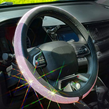 New Diamond Leather Steering Wheel Cover with Bling Bling Crystal Rhinestones, Universal Fit 15 Inch Car Wheel Protector for Women Girls,Pink & White Diamond