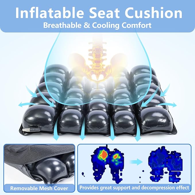 Inflatable Pressure Relief Air Cell Cushion for Wheelchair & Mobility Scooter, Breathable Cooling Seat Cushion for Pain & Sores Relief, Long Sitting, Airplane & Office Use (18" x 18")