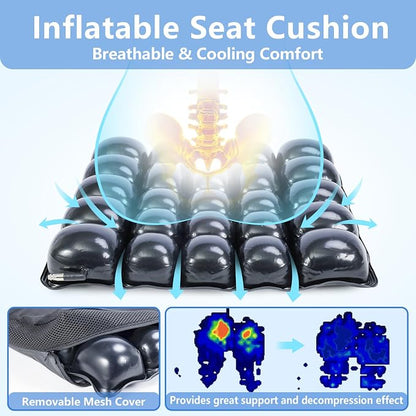 Inflatable Pressure Relief Air Cell Cushion for Wheelchair & Mobility Scooter, Breathable Cooling Seat Cushion for Pain & Sores Relief, Long Sitting, Airplane & Office Use (18" x 18")