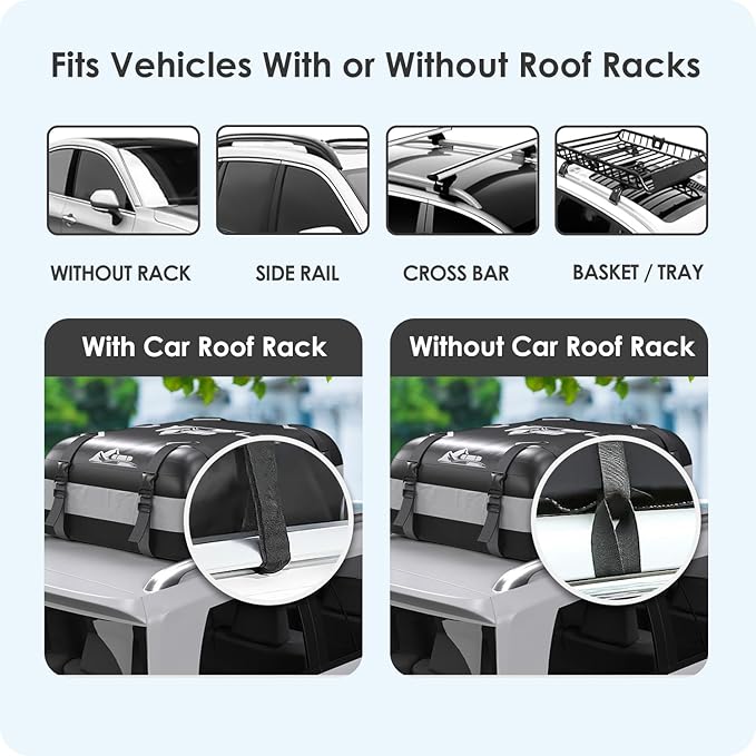 Car Rooftop Cargo Carrier Bag 20 Cubic Feet, 100% Waterproof Heavy Duty Car Roof Bag for All Vehicle with/Without Racks - Anti-Slip Mat, 6 Door Hooks, Storage Bags, 5CM Straps(Gray)
