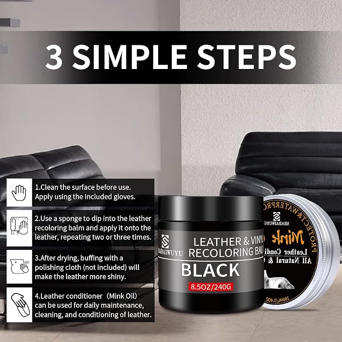 SHADAIWUYU 8.5oz Leather Recoloring Balm with 100ml Mink Oil,Black Leather Repair kit for Furniture and Car Interior,Leather Couch Scratch Repair,Leather Dye Paint,Mink Oil for Leather