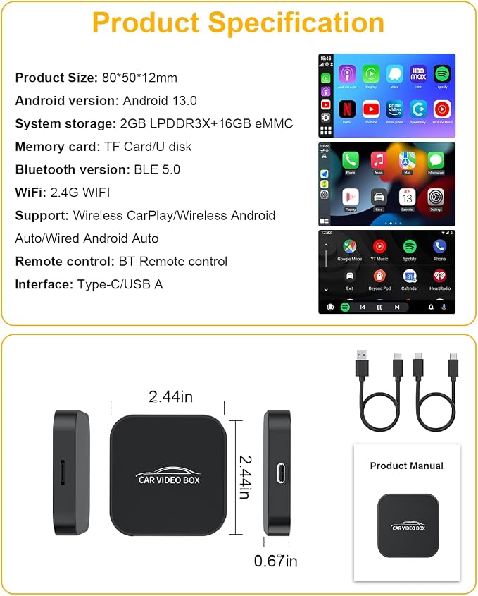 5-in-1 Wireless Carplay Adapter with Netflix YouTube TF Card, Android Auto Wireless Adapter and Apple CarPlay, Plug & Play, Easy Setup, Magic Video Ai Box for OEM Wired Apple Car Play Cars & iOS 10+