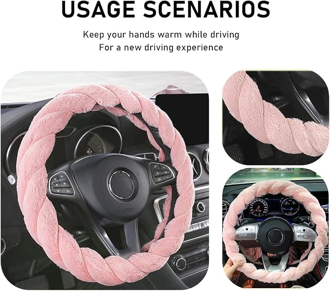 KVAEY Fluffy Car Steering Wheel Cover, 15 Inches Anti-Slip Round Fuzzy Winter Steering Wheel Protector, Soft Warm Plush Steering Wheel Cover for Women Girls, Car Accessories (Pink, Round)