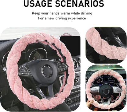 KVAEY Fluffy Car Steering Wheel Cover, 15 Inches Anti-Slip Round Fuzzy Winter Steering Wheel Protector, Soft Warm Plush Steering Wheel Cover for Women Girls, Car Accessories (Pink, Round)