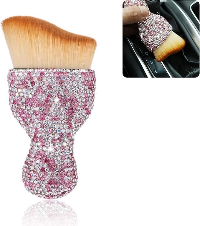 1 PC Bling Car Interior Dust Brush, Rhinestones Auto Scratch Free Detailing Brush, Soft Car Interior Cleaning Brush Accessories for Automotive Dashboard, Air Conditioner Vents, Computer (Pink)