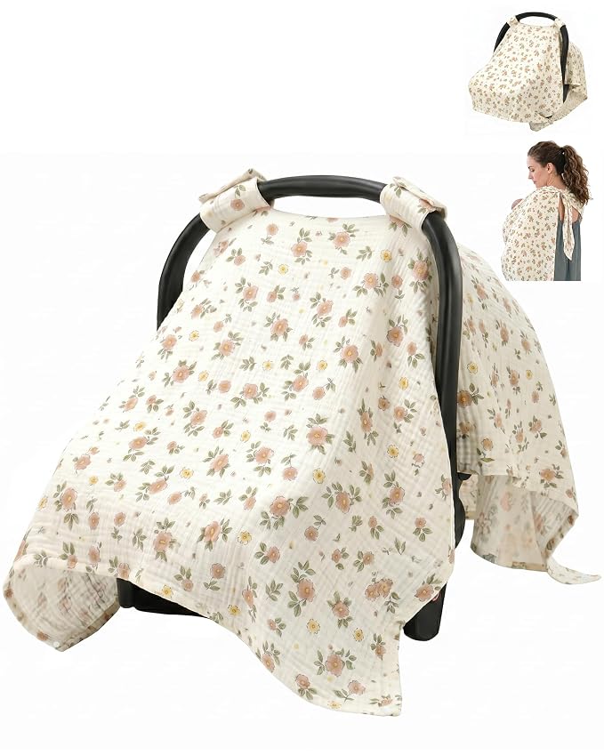 Metplus 100% Muslin Car Seat Cover Baby & Nursing Cover, Soft Breathable Infant Carseat Canopy for Summer, Stroller & Carrier Sunshade for Boys Girls (Flowers)