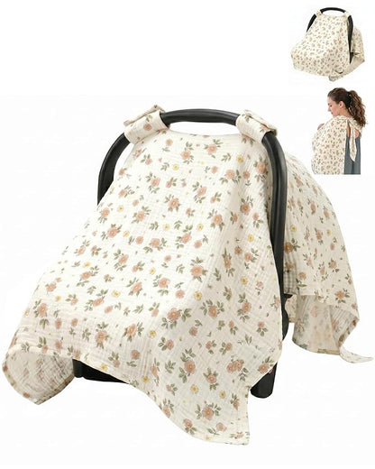 Metplus 100% Muslin Car Seat Cover Baby & Nursing Cover, Soft Breathable Infant Carseat Canopy for Summer, Stroller & Carrier Sunshade for Boys Girls (Flowers)