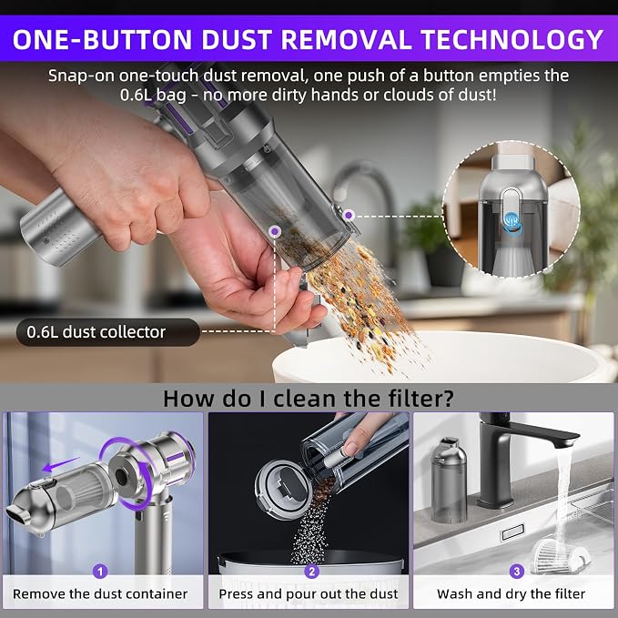 Handheld Vacuum Cleaner, 28000Pa 4 in 1 Handheld Vacuum Cordless, One-Touch Dust Removal, 3 Speeds Brushless Motor Mini Vacuum, Car Vacuum Portable Cordless for Office, Home, Kitchen, Car, Pet Hair