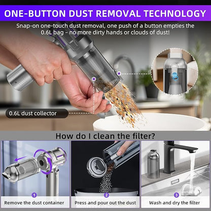 Handheld Vacuum Cleaner, 28000Pa 4 in 1 Handheld Vacuum Cordless, One-Touch Dust Removal, 3 Speeds Brushless Motor Mini Vacuum, Car Vacuum Portable Cordless for Office, Home, Kitchen, Car, Pet Hair