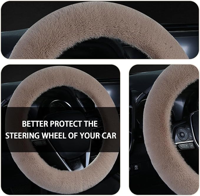 Ziciner Fuzzy Steering Wheel Cover, 15 inch Soft Wool Fur Steering Wheel Protector, Fluffy Wheel Covers for Winter Warm, Car Interior Decoration Accessories for Women Men (Light Brown)