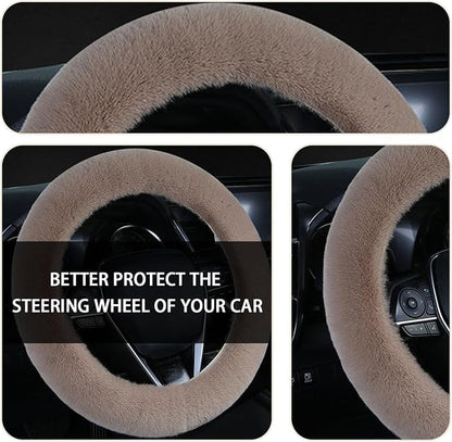 Ziciner Fuzzy Steering Wheel Cover, 15 inch Soft Wool Fur Steering Wheel Protector, Fluffy Wheel Covers for Winter Warm, Car Interior Decoration Accessories for Women Men (Light Brown)