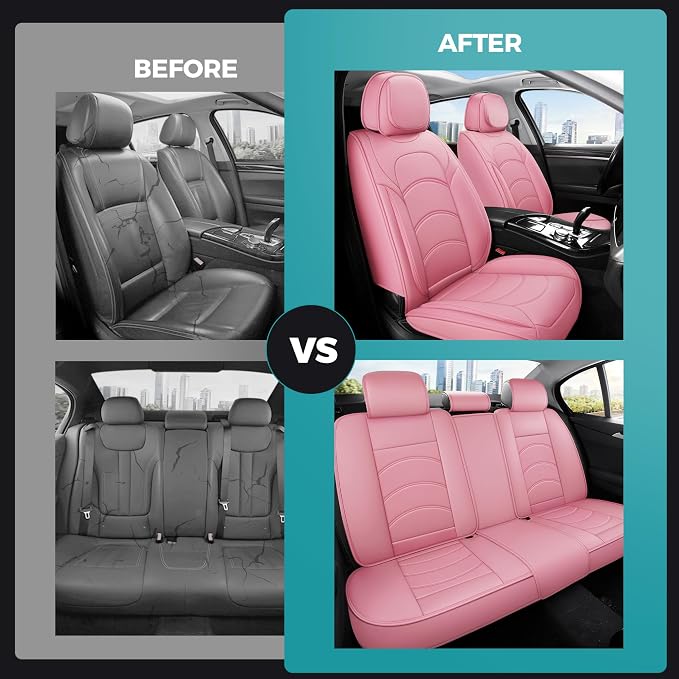 otoez Car Seat Covers Full Set, 5 Seats Waterproof Universal Leather Seat Cover for Cars, Front Rear Automotive Interior Protectors Full Coverage for Most Cars Sedens Trucks SUVs, Pink