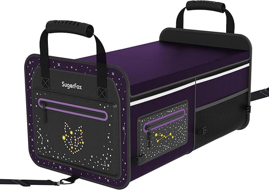SugarFox 63L Car Trunk Organizer for SUVs & Small/Midsize Cars - Fluorescent Design, Waterproof, Collapsible with Adjustable Straps (Purple-M004)