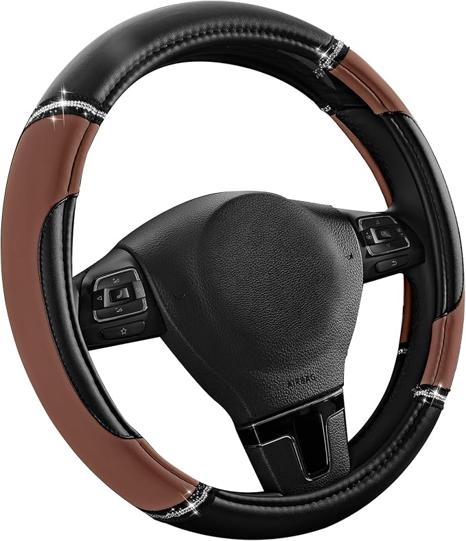 Road Comforts Leather Steering Wheel Cover - Made with PVC Leather - Anti-Slip Steering Wheel Cover Universal Fit Most 14 1/2 inches to 15 inches - Brown Color