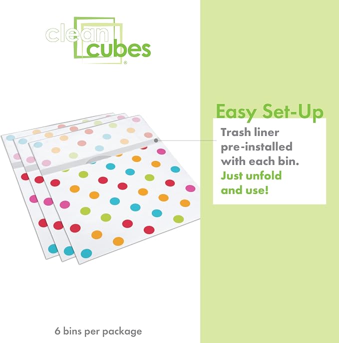 Clean Cubes 13 Gallon Disposable Pop-Up Trash Cans (6-Pack) with Fitted Bags – Foldable Garbage & Recycling Bins for Parties, Events & Kitchen (Polka Dot, 17" H x 13.5" W x 10" D)