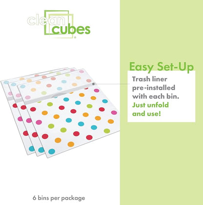 Clean Cubes 13 Gallon Disposable Pop-Up Trash Cans (6-Pack) with Fitted Bags – Foldable Garbage & Recycling Bins for Parties, Events & Kitchen (Polka Dot, 17" H x 13.5" W x 10" D)