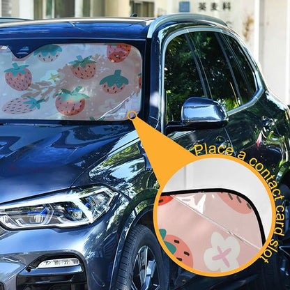Qilmy Car Windshield Sun Shade Cute Summer Strawberry Cars Visor Front Windshield Sun Protector to Keep Cooler Vehicle Automotive Sunshade Interior Heat and UV Protection 55"x27.6"
