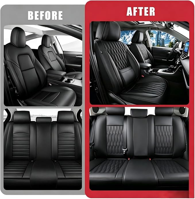 Car Seat Covers , Luxury Breathable Waterproof Faux Leatherette Car Seat Covers Cushion Protectors with Lumbar Support, Car Seat Cushion, Universal Fit Most Cars (FULL BLACK, Full Set - 5 Seats)