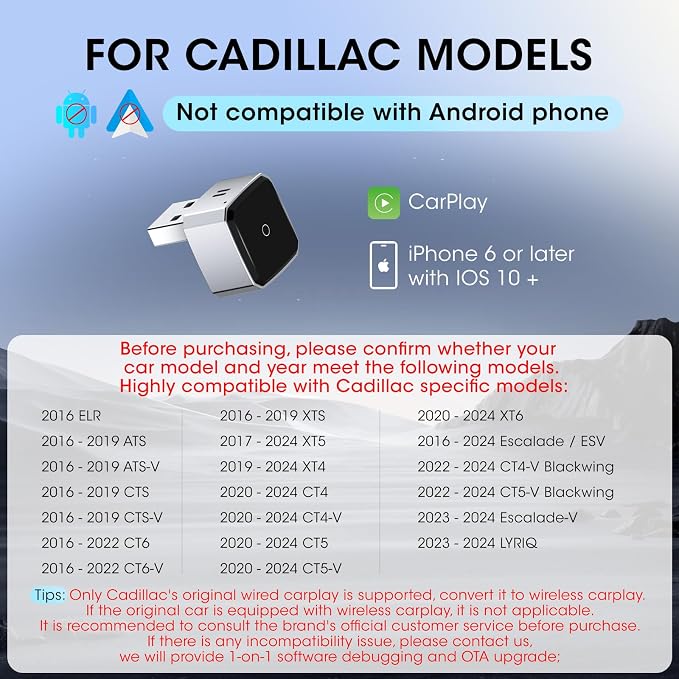 Wireless Carplay Adapter for iPhone, Convert Wired to Apple Carplay Wireless Adapter, Mini Size, Plug and Play, Connection Stable No Delay Car Play for Cadillac Specific Models