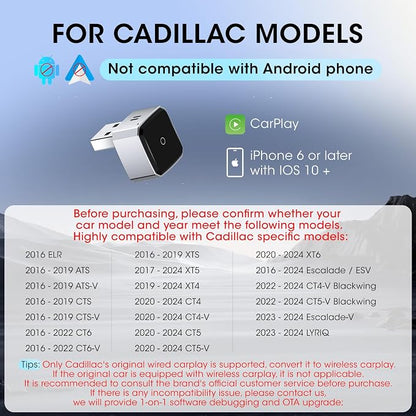 Wireless Carplay Adapter for iPhone, Convert Wired to Apple Carplay Wireless Adapter, Mini Size, Plug and Play, Connection Stable No Delay Car Play for Cadillac Specific Models