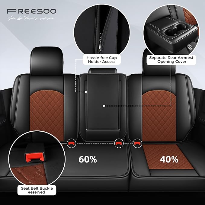 FREESOO Seat Covers for Dodge Ram 2019-2026 Ram 1500 Crew Quad Regular Cab 2011-2026 2500 3500 Mega Cab Bighorn Longhorn Laramie Tradesman, with Flat Bench, Black Brown