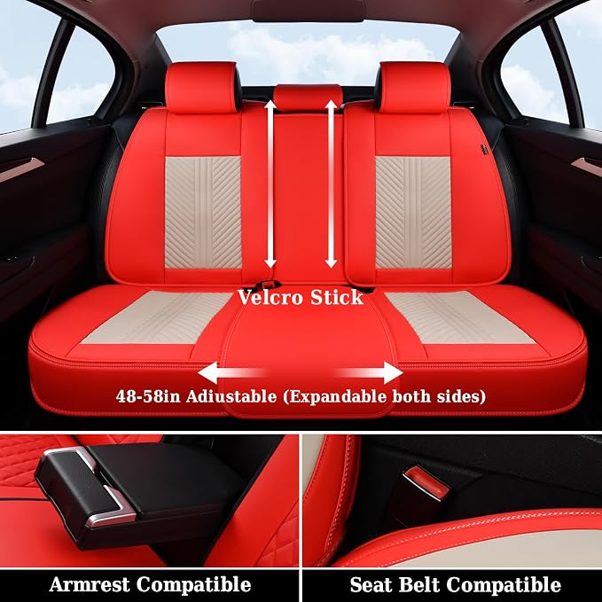 Coverado Leather Car Seat Covers Full Set, 5 Seats Seat Covers for Cars, Waterproof Car Seat Cushions, Front and Rear Seat Protectors Universal Fit Most Vehicles (Red&Beige)