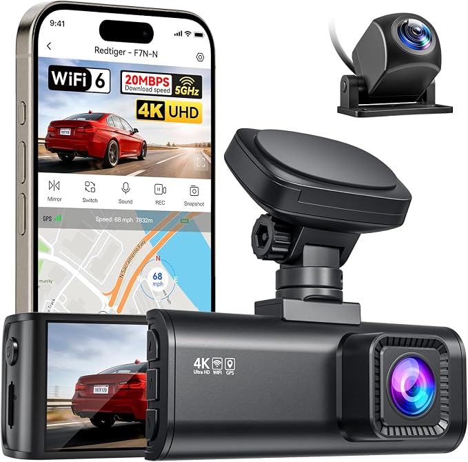 REDTIGER F7N-N 4K Front and Rear Dash Cam, 5.8GHz WiFi-20 MB/s Fast Transfer with APP, 2160P/FHD Car Dash Camera with Precise GPS, WDR, 3.18" Screen, Night Vision, 24H Parking Mode(No Card Included)