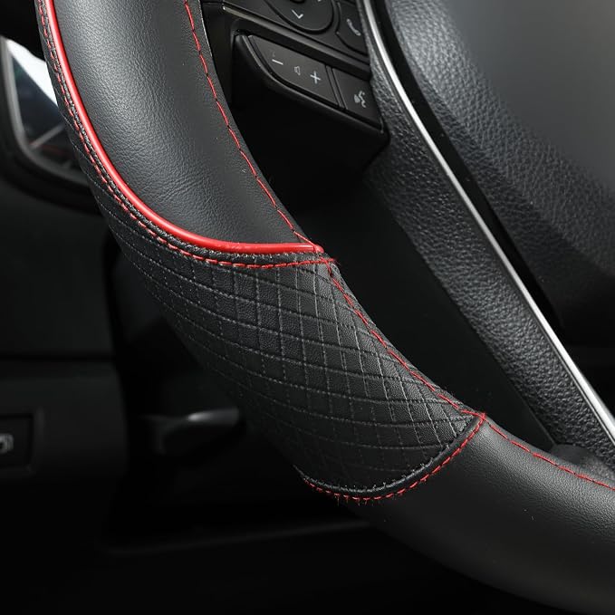 GIANT PANDA Steering Wheel Cover for Toyota, Auto Car Steering Wheel Cover for Toyota Highlander 4Runner Tacoma Corolla Camry - Black+Red Trim