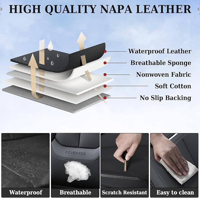 Coverado Car Seat Covers Full Set, Car Seat Protector Waterproof, Nappa Leather Car Seat Cushion, Seat Covers for Cars, Front Seats and Back Universal Fit for Most Cars