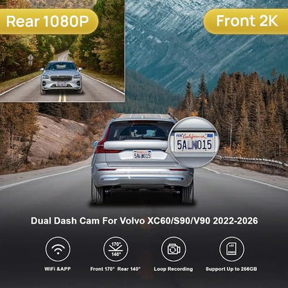 Fitcamx 2K Dual Dash Cam Suitable for Volvo XC60 V90 S90 2022-2026 B5 B6 T8 (Model B), Integrated OEM Look, Front 1440P+Rear 1080P HD Video, WiFi & APP, Loop Recording, G-Sensor, 64GB Card