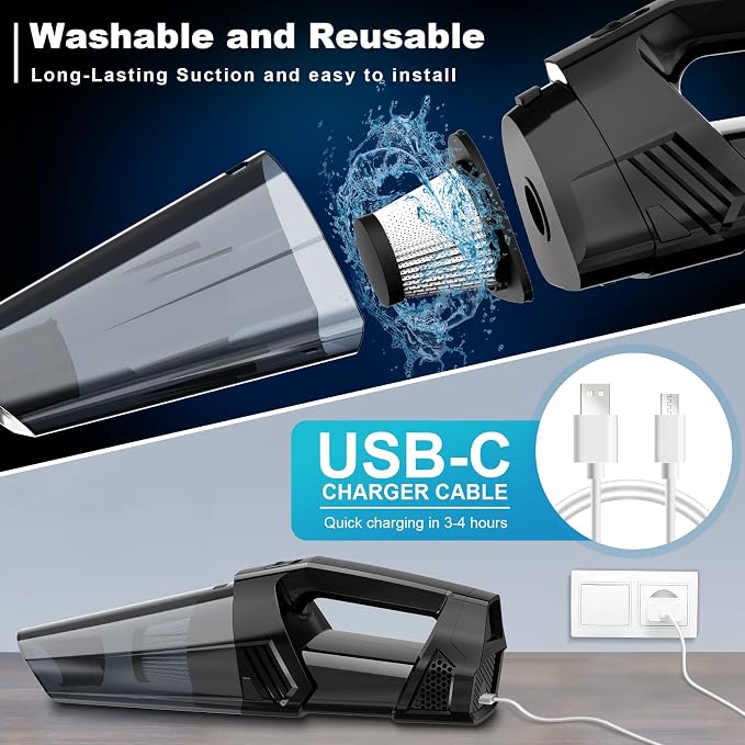 Blestan Handheld Vacuum Cordless Portable Car Vacuum with LED Light, High Power Suction, 3 in 1, Lightweight Rechargeable Hand Vacuum, Hand Held Vacuum Cleaner for Car Home Office, Pet Hair, Black