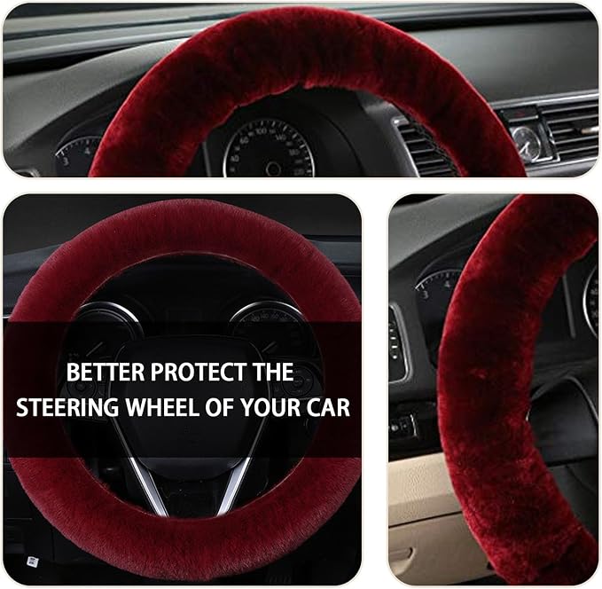 Ziciner Fuzzy Steering Wheel Cover, 15 inch Soft Wool Fur Steering Wheel Protector, Fluffy Wheel Covers for Winter Warm, Car Interior Decoration Accessories for Women Men (Wine Red)