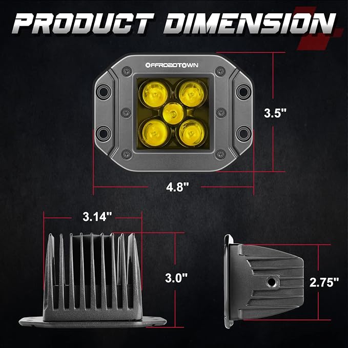 OFFROADTOWN 5 Inch Yellow Flush Mount LED Pods 2PCS 100W CREE LED Light Pods Spot Beam Off Road Driving Lights Fog Lights Reverse Lighting for Truck UTV ATV SUV Honda Chevy Boat