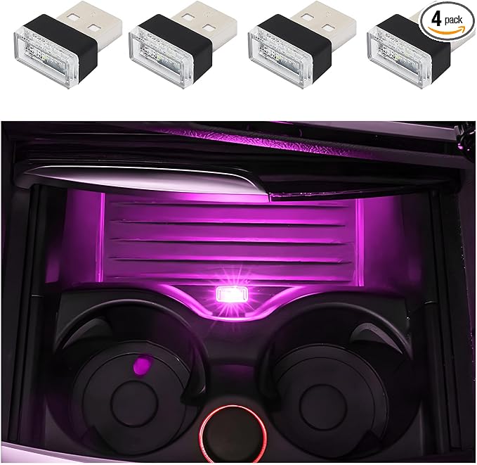 Dickno 4 PCS USB LED Car Interior Atmosphere Lamp, Portable Mini LED Ambient Night Light, Plug-in USB Interface Decor Lighting Kit, Universal Vehicle Interior Accessories (Pink)