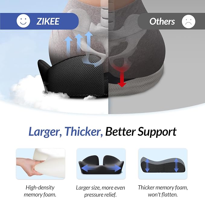 ZIKEE 6" Thickened Donut Pillow Seat Cushion, Ergonomic Hemorrhoid Pillow with Widened Cutout for Tailbone,Sciatica Pain Relief & Postpartum, Memory Foam Office Chair Cushion for Long Sitting at Home