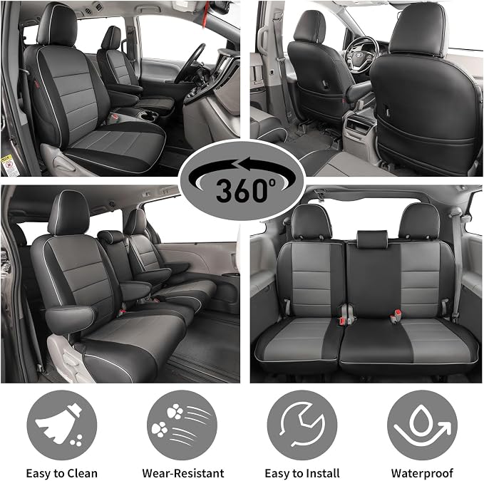EKR Sienna Seat Covers for 2011-2020 Toyota Sienna XLE,Limited,Limited Premium,7 Seats,2nd Row Captain Seats W/Legrest,Seat Covers for SUV,Automotive Seat Cover Full Set,-Leather(Black/Gray)