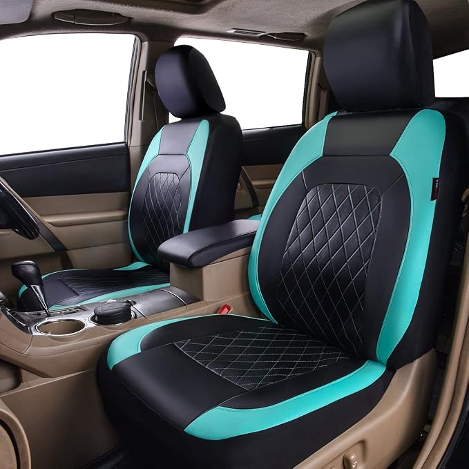 Universal Deluxe Pu Luxury Vinyl Faux Leather Car Seat Covers Two Front 6 Pieces Airbag Compatible Fit for Cars SUV Vehicles (Black and Mint)
