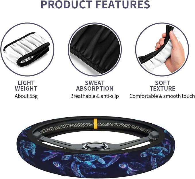 Sea Turtle Steering Wheel Cover 14-15 Inch with 2 pc Car Coasters | Bule Anti-Slip Breathable Universal Car Wheel Cover Set for Men Women,Soft Comfort Grip Accessories