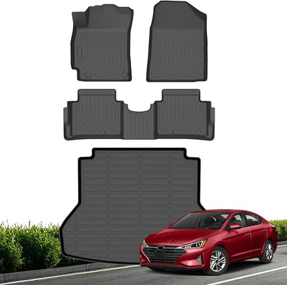 Floor Mats & Cargo Liner for Hyundai Elantra 2020 2019 2018 2017 (Not for GT), All Weather TPE Floor Liners Custom Fit Elantra Heavy Duty Car Mats 1st & 2nd Row & Trunk Mat Accessories Black