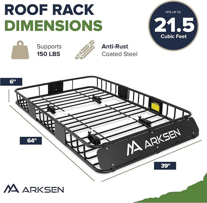 ARKSEN 64" x 39" x 6" Roof Rack Basket with Extension, 150 lb Heavy-Duty Steel Cargo Carrier, Fits Crossbars up to 1.38" Thick, for SUV & Pickup Truck