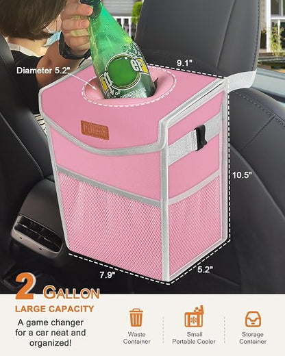 Pritent Car Trash Can with Lid, Cute Leakproof Car Trash Garbage Bag Hanging Vehicle Trash Bin Small Portable Automotive Garbage Cans Organizer for Back/Front Seat(Trapezoid,Pink