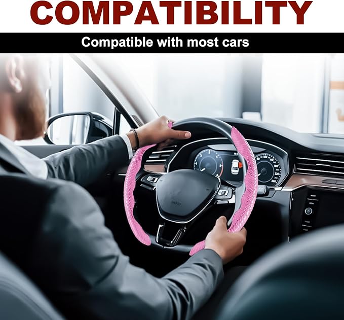 Universal Fit Carbon Fiber Steering Wheel Cover, Segmented Steering Wheel Protector, Carbon Fiber Anti-Skid Steering Wheel Cover Car Interior Accessories (2 Pcs Pink)